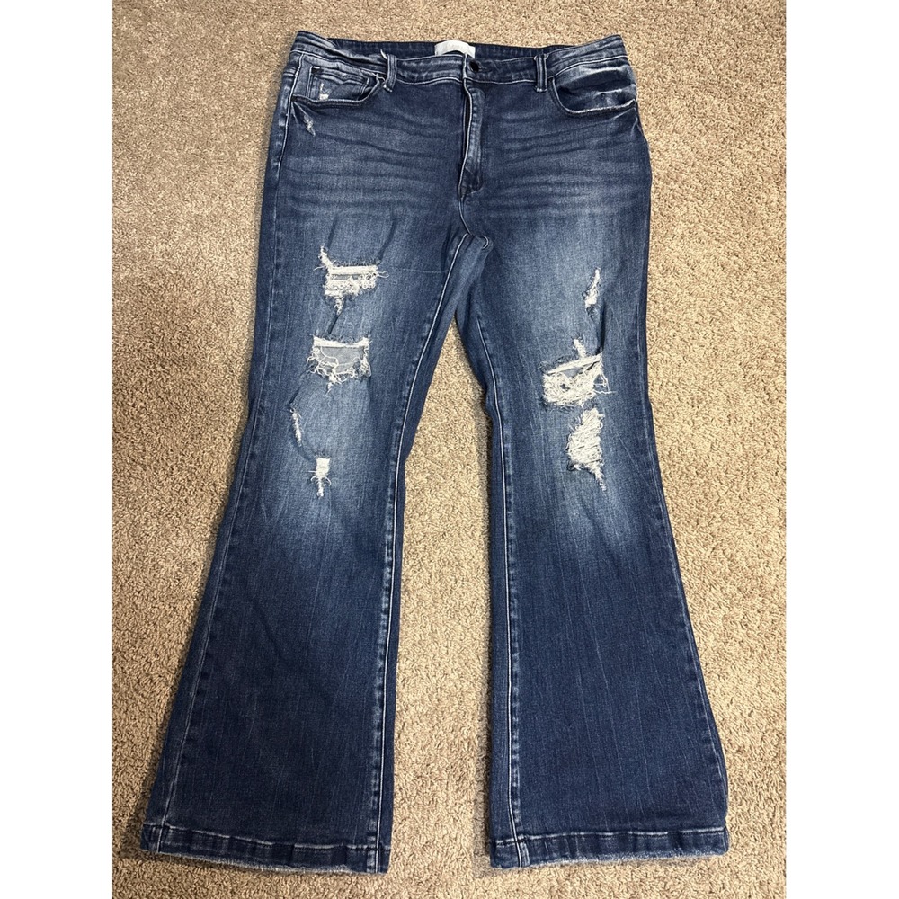 Petra 153 Distressed Flare Jeans Dark Wash Ripped Denim Plus Size 18W